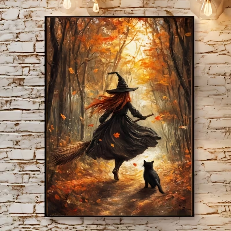 Resin Art On Canvas - Retro Halloweenowa Jesienna Wiedźma na Miotle
